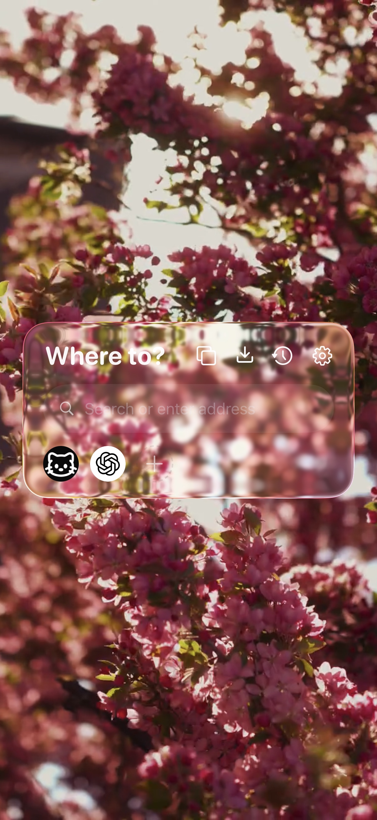 TitleLess: a glass search panel over a full-screen wallpaper, with no title bar or tab strip.