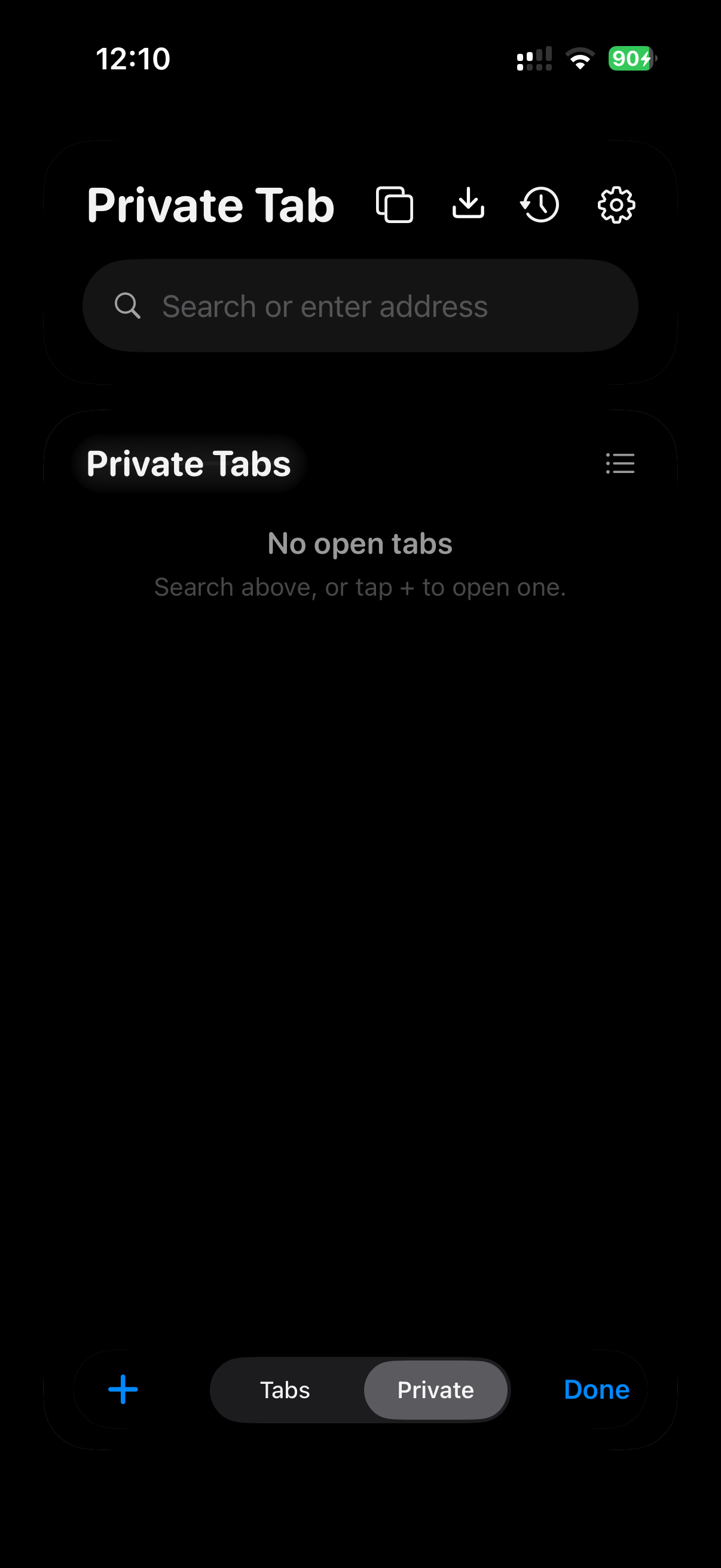 Private browsing in TitleLess: every surface black, nothing kept.