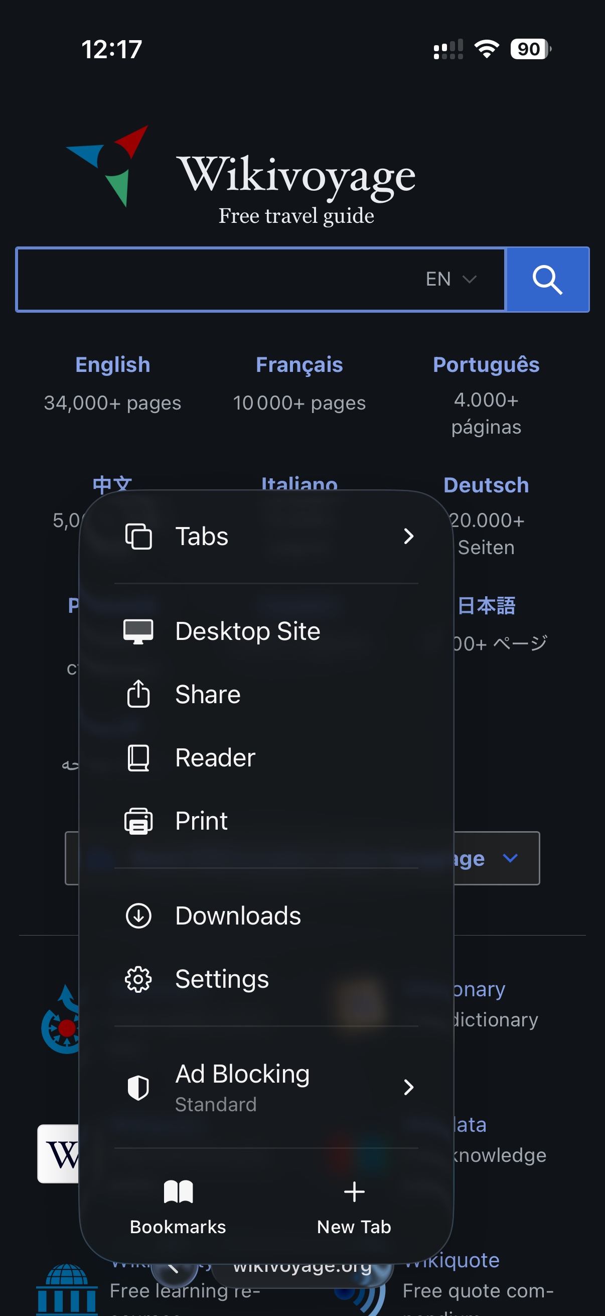 The TitleLess menu over a page, with ad blocking set to Standard.