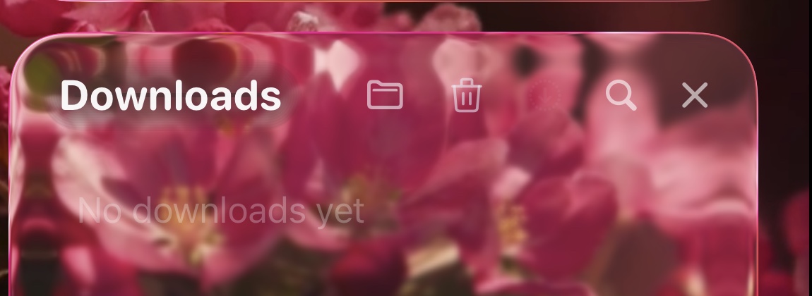 Close-up of the Downloads panel header, with folder, delete and search controls.